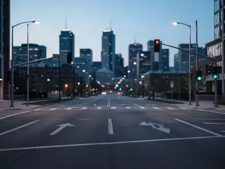 Eine leere stĂ€dtische Kreuzung in Minneapolis wĂ€hrend der DĂ€mmerung mit minimalistischen Ampelanlagen und StraĂenmarkierungen. - Foto: ĂŒber boerse-global.de