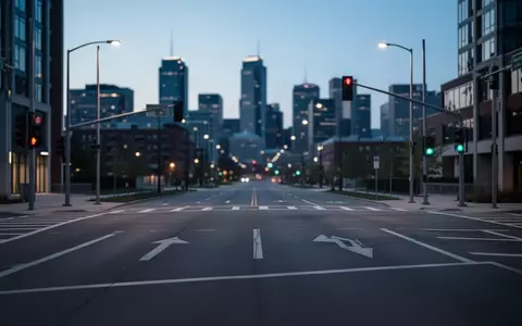 Eine leere städtische Kreuzung in Minneapolis während der Dämmerung mit minimalistischen Ampelanlagen und Straßenmarkierungen. - Foto: über boerse-global.de