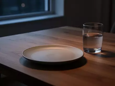 Ein gedeckter Esstisch am Abend mit einem leeren Teller und einem Wasserglas in gedimmtem Licht. - Foto: über boerse-global.de