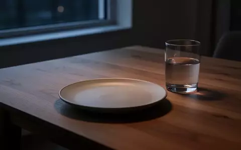 Ein gedeckter Esstisch am Abend mit einem leeren Teller und einem Wasserglas in gedimmtem Licht. - Foto: über boerse-global.de