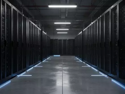 Ein dunkler, moderner Serverraum mit schlichten, unbeschrifteten Serverschränken in einer industriellen Umgebung. - Foto: über boerse-global.de