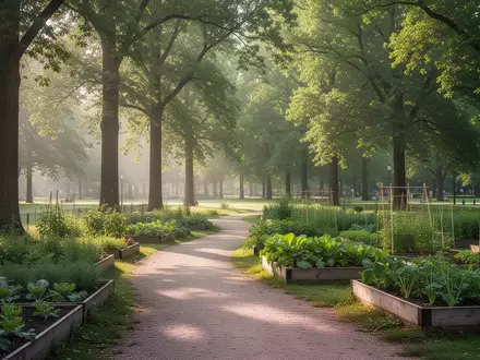 Ein sonniger, grüner Park mit einem geschwungenen Kiesweg und einem gepflegten Gemüsegarten im Vordergrund. - Foto: über boerse-global.de