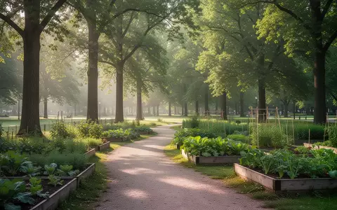 Ein sonniger, grüner Park mit einem geschwungenen Kiesweg und einem gepflegten Gemüsegarten im Vordergrund. - Foto: über boerse-global.de