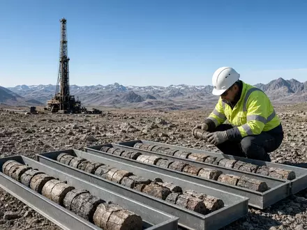 Ein Geologe untersucht Gesteinsproben an einem Bohrstandort in einer weiten Naturlandschaft. - Foto: über boerse-global.de