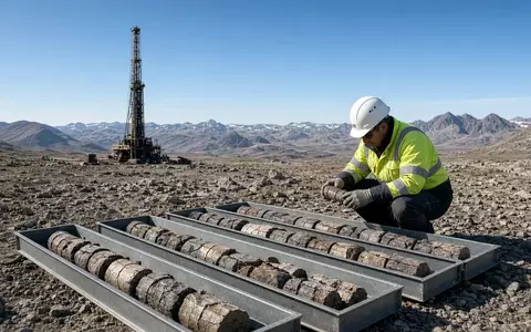 Ein Geologe untersucht Gesteinsproben an einem Bohrstandort in einer weiten Naturlandschaft. - Foto: über boerse-global.de