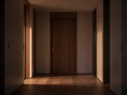Eine menschenleere, modern gestaltete Wohnungstür in einem schattigen Flur bei Dämmerung. - Foto: über boerse-global.de