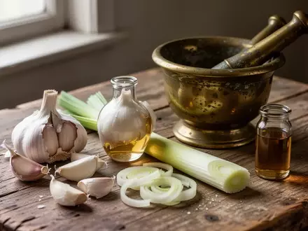 Rohzutaten wie Knoblauch, Lauch und Wein neben einem alten Mörser aus Messing auf einem Holztisch. - Foto: über boerse-global.de