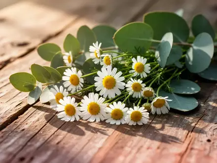 Frische Kamillenblüten und Eukalyptusblätter auf einer rustikalen Holzoberfläche im natürlichen Sonnenlicht. - Foto: über boerse-global.de