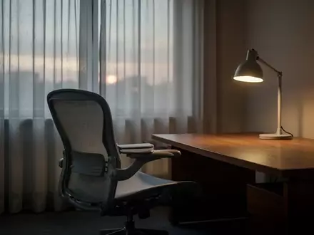 Ein leerer, ruhiger Arbeitsplatz in einem minimalistischen Büro bei Dämmerlicht, der die Themen Stress und Erschöpfung symbolisiert. - Foto: über boerse-global.de
