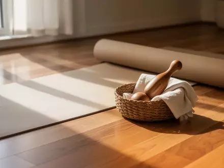 Ein minimalistischer Wellness-Raum mit einer Yogamatte und einem hölzernen Massageroller auf einem Holzboden. - Foto: über boerse-global.de