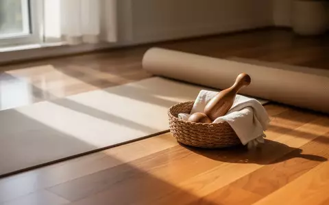 Ein minimalistischer Wellness-Raum mit einer Yogamatte und einem hölzernen Massageroller auf einem Holzboden. - Foto: über boerse-global.de