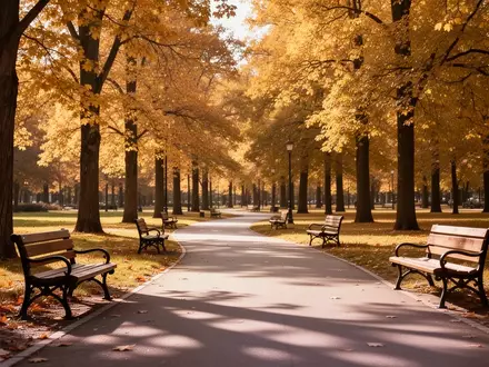 Ein sonniger Parkweg im Herbst mit Sitzbänken zwischen herbstlich gefärbten Bäumen. - Foto: über boerse-global.de