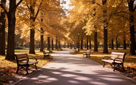 Ein sonniger Parkweg im Herbst mit Sitzbänken zwischen herbstlich gefärbten Bäumen. - Foto: über boerse-global.de