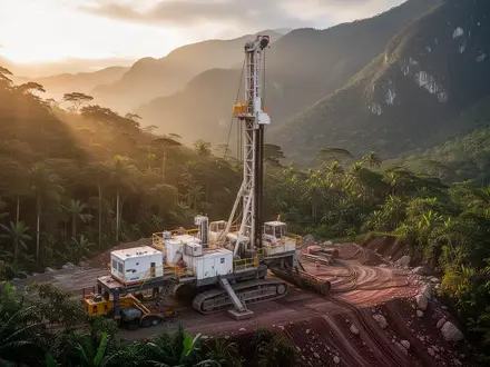 Geologisches Bohrgerät in einer bergigen Landschaft während der Dämmerung. - Foto: über boerse-global.de