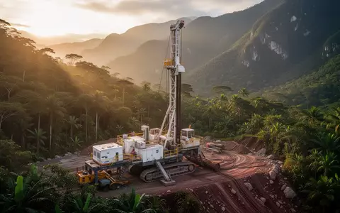 Geologisches Bohrgerät in einer bergigen Landschaft während der Dämmerung. - Foto: über boerse-global.de