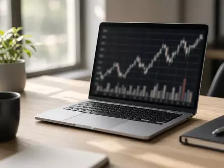 Ein professioneller Schreibtisch mit einem Laptop, auf dem ein Finanzdiagramm zu sehen ist, bei natürlichem Tageslicht. - Foto: über boerse-global.de