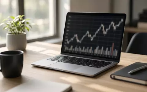 Ein professioneller Schreibtisch mit einem Laptop, auf dem ein Finanzdiagramm zu sehen ist, bei natürlichem Tageslicht. - Foto: über boerse-global.de