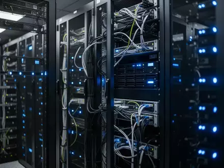 Moderne Server-Infrastruktur in einem Rechenzentrum mit leuchtenden Hardware-Komponenten und geordneten Kabeln. - Foto: über boerse-global.de