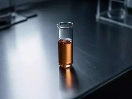 Ein einzelnes Reagenzglas mit einer bernsteinfarbenen Flüssigkeit auf einer sterilen Metalloberfläche in einem Labor. - Foto: über boerse-global.de