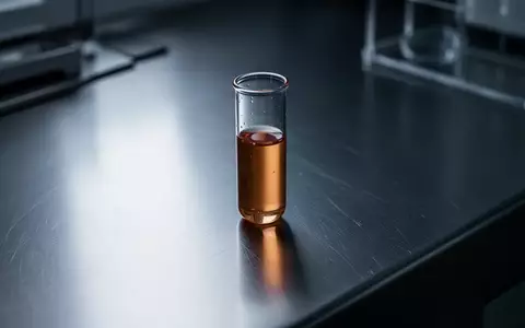 Ein einzelnes Reagenzglas mit einer bernsteinfarbenen Flüssigkeit auf einer sterilen Metalloberfläche in einem Labor. - Foto: über boerse-global.de