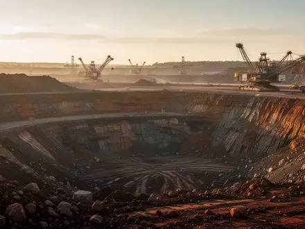 Landschaft einer Tagebau-Mine mit Erdschichten und Baumaschinen im Hintergrund bei Sonnenuntergang. - Foto: über boerse-global.de