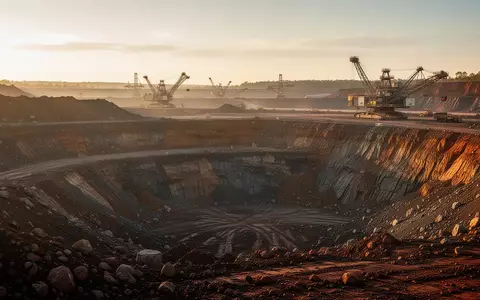 Landschaft einer Tagebau-Mine mit Erdschichten und Baumaschinen im Hintergrund bei Sonnenuntergang. - Foto: über boerse-global.de