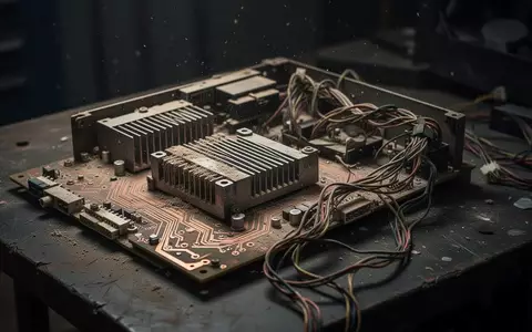 Nahaufnahme von veralteten Computer-Hardware-Komponenten auf einer dunklen Werkbank mit sichtbaren Schaltkreisen und Kabeln. - Foto: über boerse-global.de
