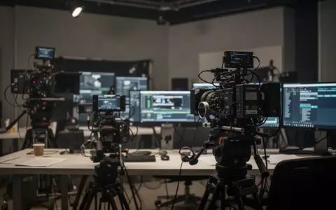 Ein professioneller, leicht abgedunkelter Arbeitsplatz in einem Fernsehstudio mit Kameratechnik im Hintergrund. - Foto: über boerse-global.de