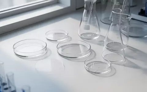 Laborumgebung mit leeren Glasbehältern und Petrischalen auf einer sauberen, hellen Arbeitsfläche. - Foto: über boerse-global.de