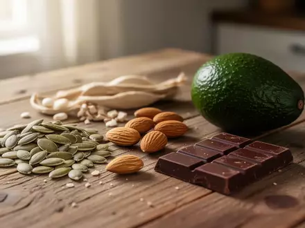 Eine Auswahl gesunder Lebensmittel wie Kürbiskerne, Mandeln, dunkle Schokolade und Avocado auf einem Holztisch. - Foto: über boerse-global.de