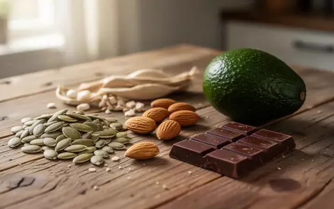 Eine Auswahl gesunder Lebensmittel wie Kürbiskerne, Mandeln, dunkle Schokolade und Avocado auf einem Holztisch. - Foto: über boerse-global.de