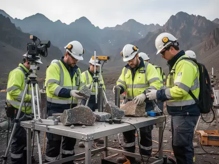 Geologen bei der Untersuchung von Bohrkernproben an einem Mineralexplorationsstandort in einer Berglandschaft. - Foto: über boerse-global.de