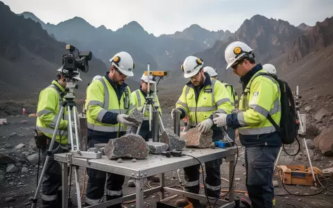 Geologen bei der Untersuchung von Bohrkernproben an einem Mineralexplorationsstandort in einer Berglandschaft. - Foto: über boerse-global.de
