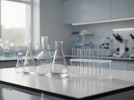Laborausstattung mit Glasbechern auf einem weißen Labortisch bei natürlichem Licht. - Foto: über boerse-global.de