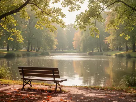Eine friedliche Parkbank an einem Teich im Herbst, die Ruhe und Erholung symbolisiert. - Foto: über boerse-global.de