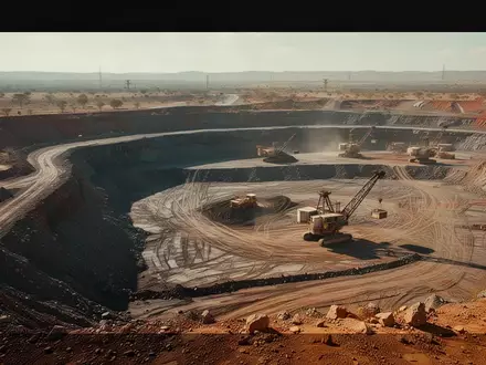Ein weitläufiges Tagebaugelände in einer sonnigen, trockenen Landschaft mit schwerem Gerät im Hintergrund. - Foto: über boerse-global.de