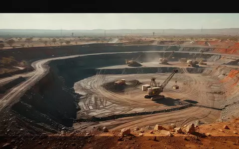 Ein weitläufiges Tagebaugelände in einer sonnigen, trockenen Landschaft mit schwerem Gerät im Hintergrund. - Foto: über boerse-global.de