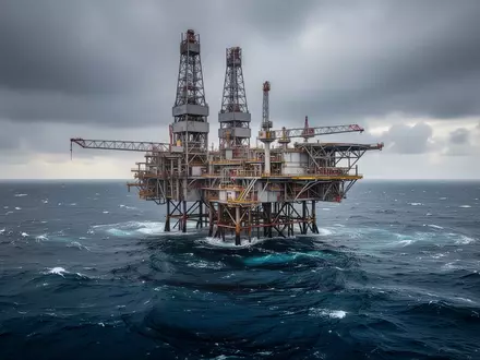 Eine Ölplattform in der Nordsee unter bewölktem Himmel vor dem Hintergrund stürmischer See. - Foto: über boerse-global.de