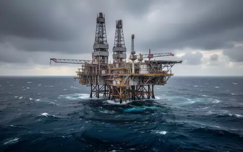 Eine Ölplattform in der Nordsee unter bewölktem Himmel vor dem Hintergrund stürmischer See. - Foto: über boerse-global.de
