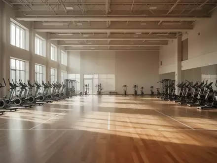 Ein minimalistischer Fitnessraum mit Holzboden und hellem Tageslicht durch große Fenster. - Foto: über boerse-global.de