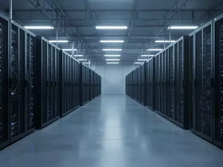 Ein weitläufiger, minimalistischer Serverraum mit zahlreichen dunklen Metallregalen in einer kühlen, blau beleuchteten Umgebung. - Foto: über boerse-global.de
