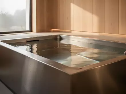 Ein minimalistisches Wassertretbecken aus Edelstahl in einem hellen, modernen Raum mit natürlichem Lichteinfall. - Foto: über boerse-global.de