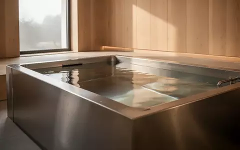 Ein minimalistisches Wassertretbecken aus Edelstahl in einem hellen, modernen Raum mit natürlichem Lichteinfall. - Foto: über boerse-global.de