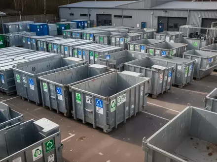 Leerer kommunaler Wertstoffhof mit industriellen Sammelcontainern bei Tageslicht. - Foto: über boerse-global.de
