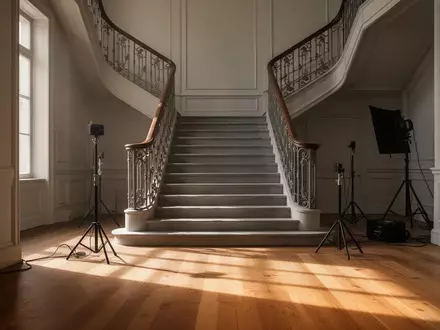 Ein lichtdurchfluteter, leerer Treppenaufgang in einem Wohngebäude mit klaren architektonischen Linien und Schattenwurf. - Foto: über boerse-global.de