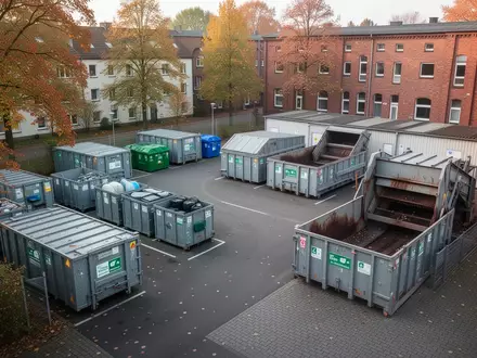 Ein aufgeräumter kommunaler Wertstoffhof mit leeren Sammelcontainern und Containern zur fachgerechten Entsorgung bei Tageslicht. - Foto: über boerse-global.de