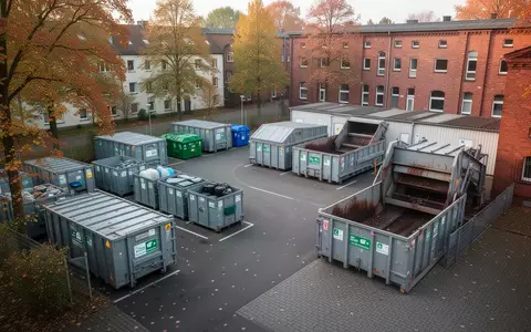 Ein aufgeräumter kommunaler Wertstoffhof mit leeren Sammelcontainern und Containern zur fachgerechten Entsorgung bei Tageslicht. - Foto: über boerse-global.de