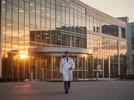 Modernes Krankenhausgebäude bei Sonnenuntergang mit einer medizinischen Fachkraft vor dem Eingang. - Foto: über boerse-global.de