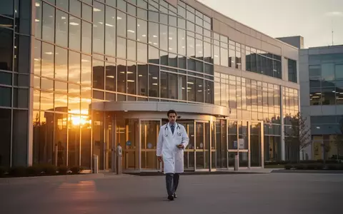 Modernes Krankenhausgebäude bei Sonnenuntergang mit einer medizinischen Fachkraft vor dem Eingang. - Foto: über boerse-global.de