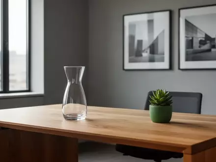 Ein minimalistischer, moderner Schreibtisch mit einer Glaskaraffe und einer Pflanze bei natürlichem Tageslicht. - Foto: über boerse-global.de